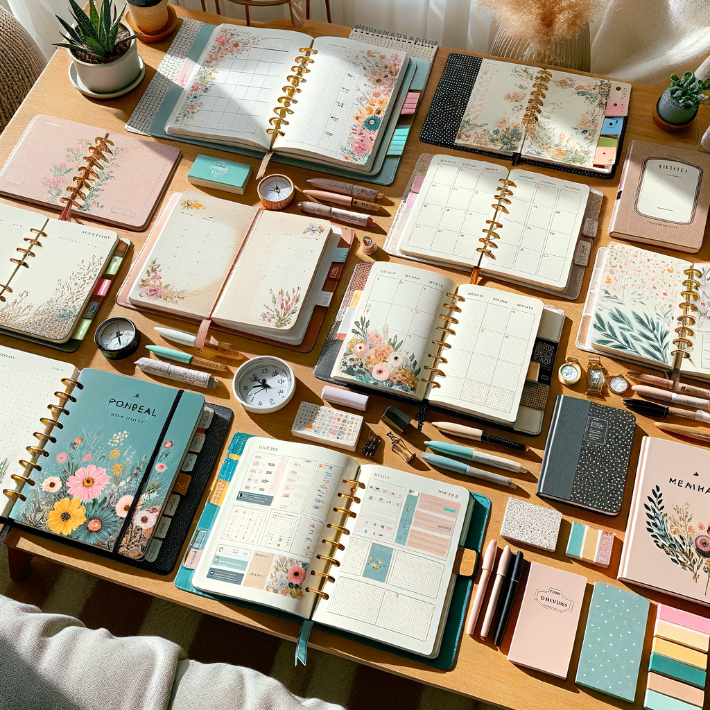 Vibrant pastel planners and stationery create an inviting workspace for creativity and organization. , pregnancy and parenting planners
