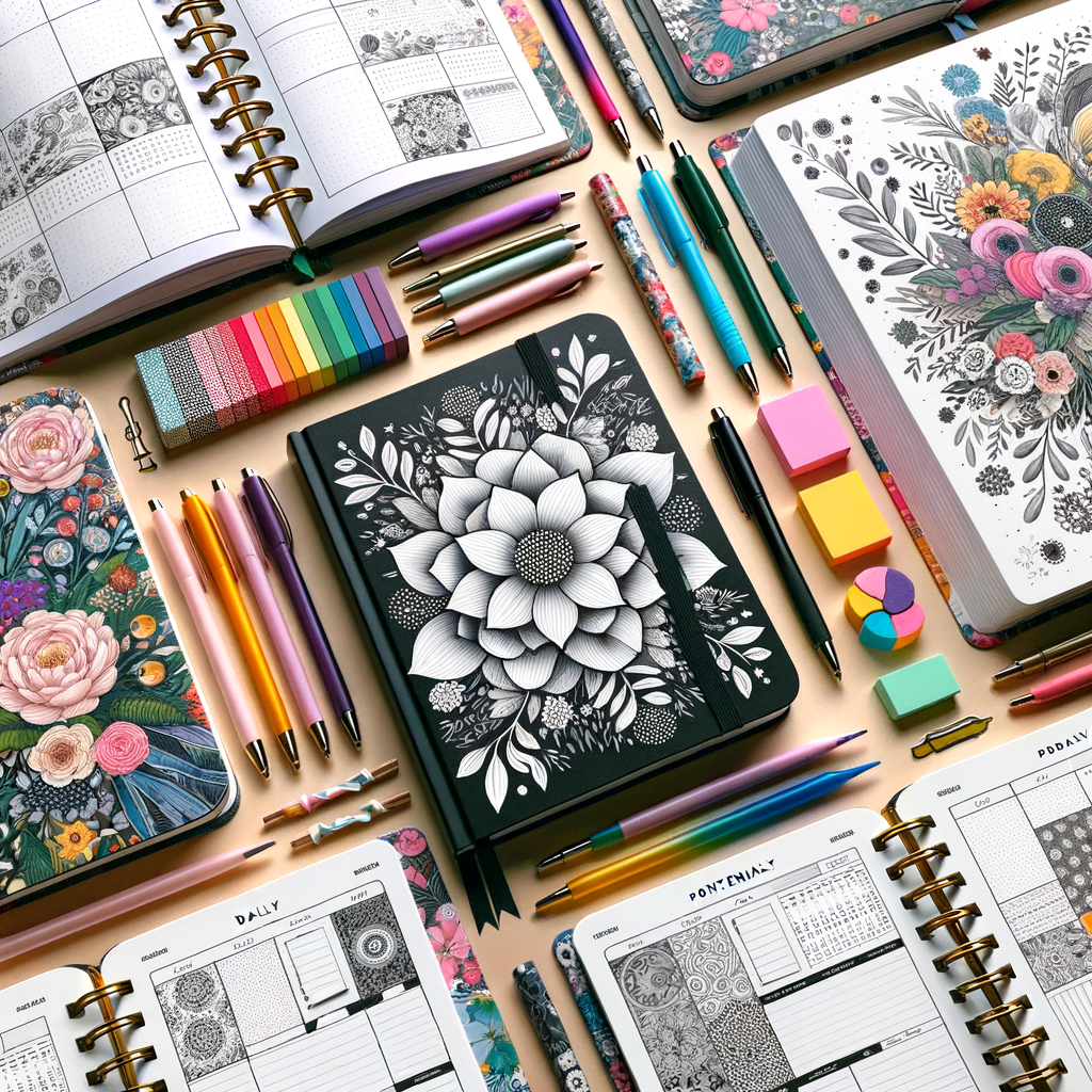 Vibrant creative workspace featuring floral journals, a lotus notebook, colorful pens, and organized layouts. Lifestyle and hobbies planners, travel and adventure planners
