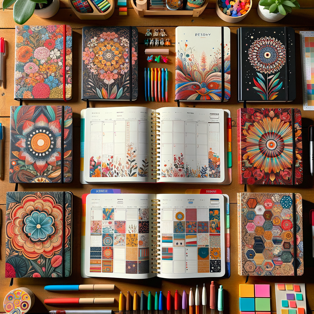 Colorful planners and notebooks arranged creatively, showcasing floral designs and vibrant organizational tools. Kids and education planners