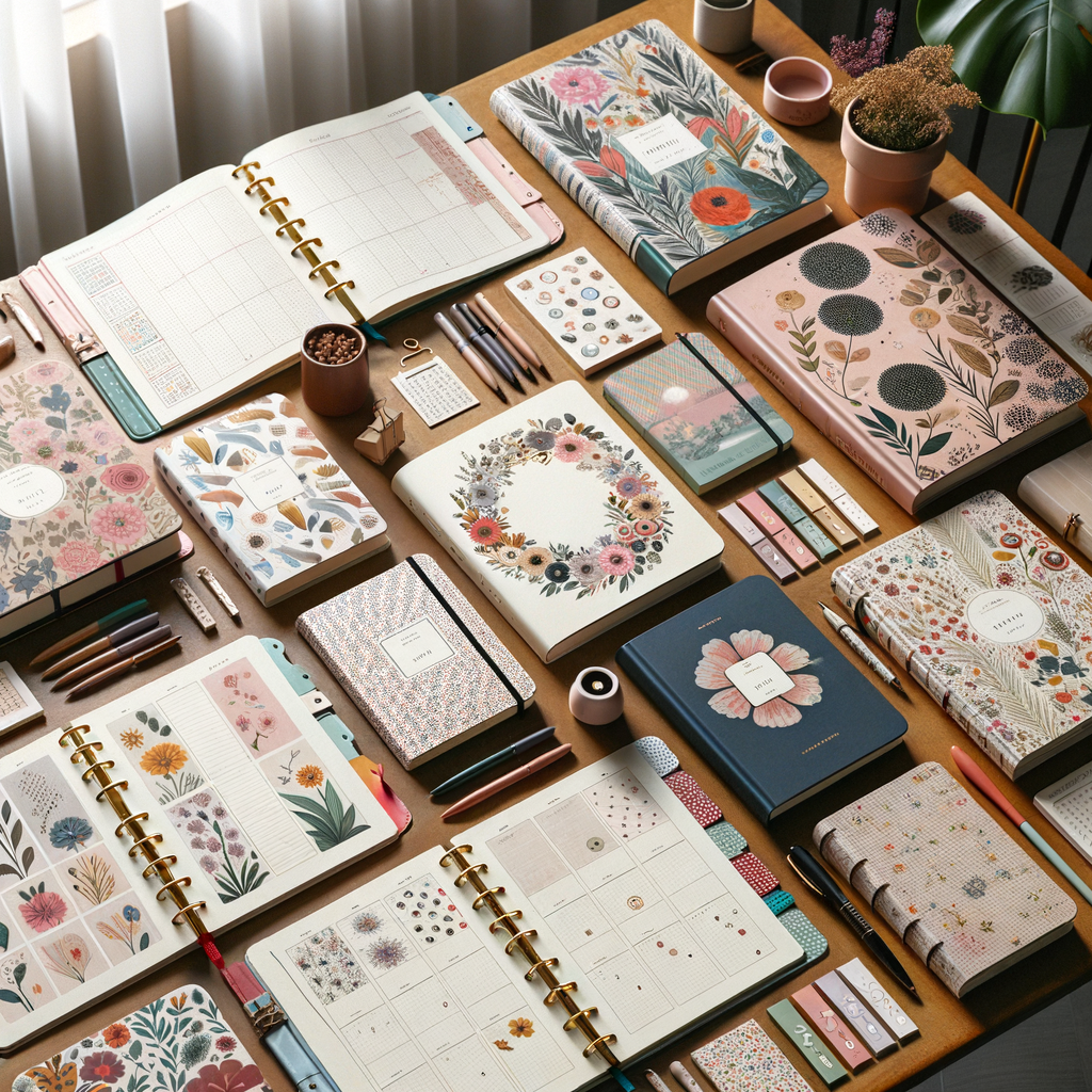 Inspirational floral workspace featuring planners, notebooks, and accessories for creative planning and organization. Finance and budgeting planners